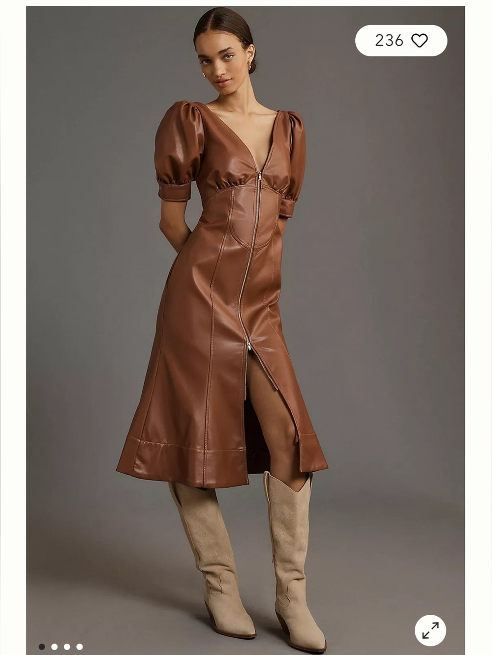 NWT Anthropologie size 4 vegan Leather Zip-Front Midi Dress with Puff Sleeves